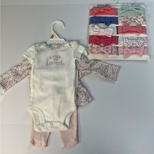 Carters newborn 3 piece outfit NWT & Hudson baby 10 pc headbands 0-24 months.
